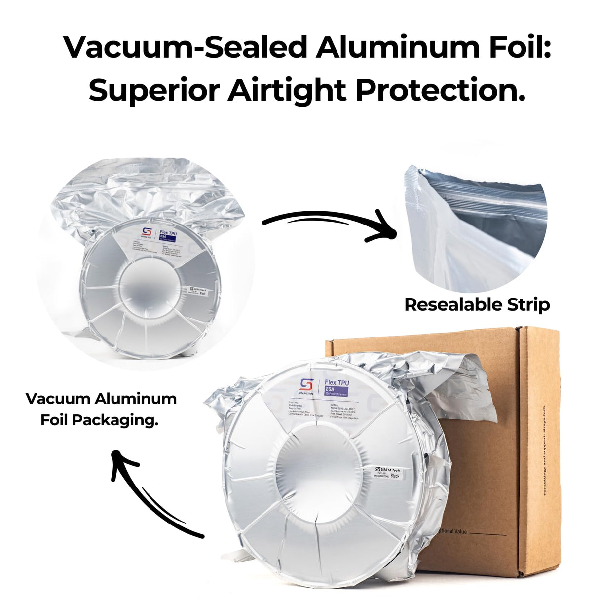 Siraya Tech Flex TPU Filament - 85A Shore, ISO 10993, High Flexibility & Toughness, High Flow & Speed, Easy to Print, Moisture-Resistant Aluminum Bag - Ideal for Footwear, Protective Gear (Black, 1kg) Siraya Tech