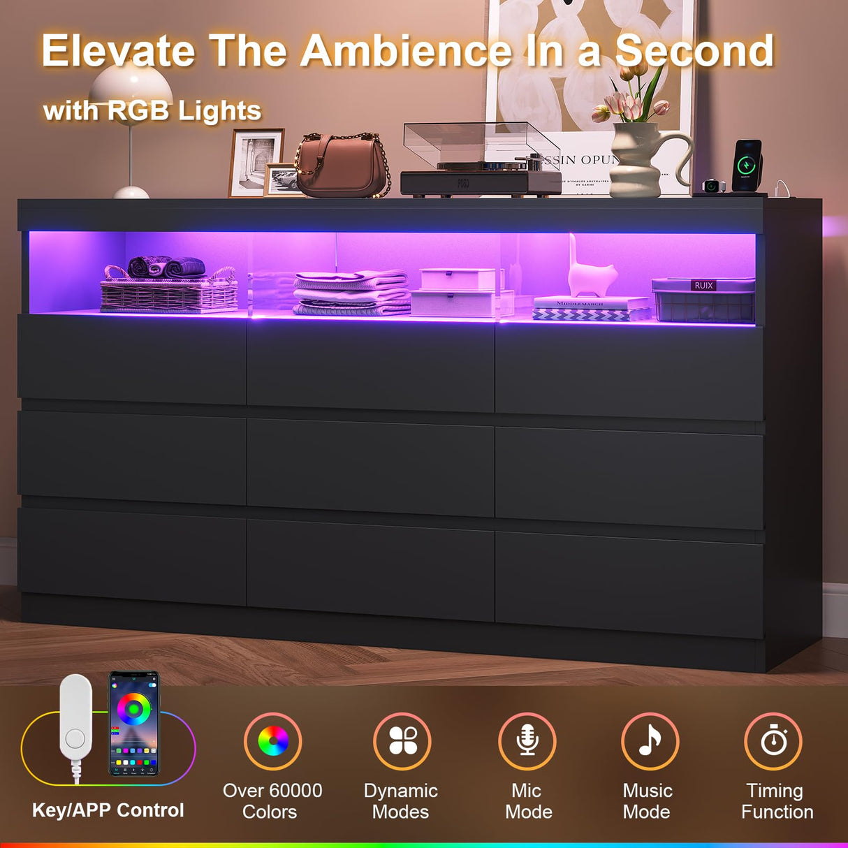 BTHFST Dresser Chest of Drawers with RGB Lights, Power Outlet & Open Shelves, 56.7" W Wood Bedroom Dresser, No-Handle Modern Dresser for Living Room Entryway, Black BTHFST