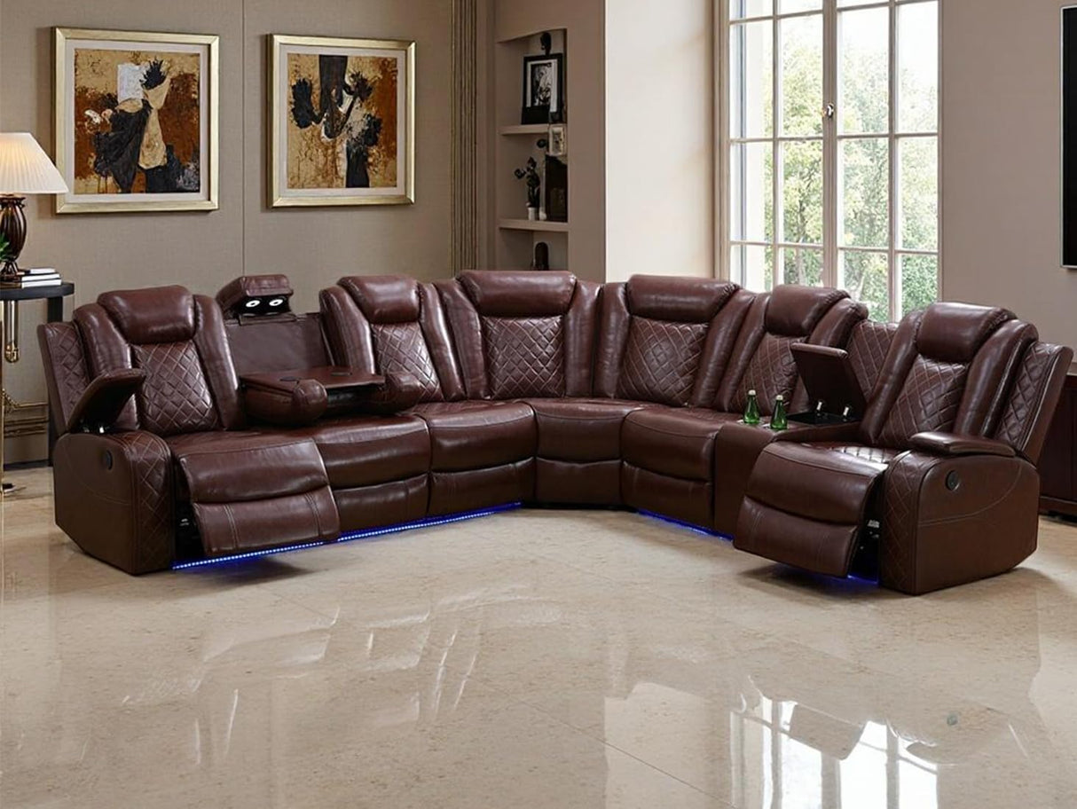 Toseslo Living Room Furniture Sets, Power Reclining Sofa Set, Brown Leather 2 Recliner Sectional with LED Light,Modern Power Recliner Sofa Sets with Cup Holder/Storage Console for Living Room Toseslo