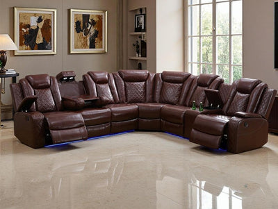 Toseslo Living Room Furniture Sets, Power Reclining Sofa Set, Brown Leather 2 Recliner Sectional with LED Light,Modern Power Recliner Sofa Sets with Cup Holder/Storage Console for Living Room