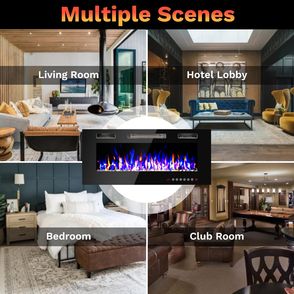 60 inch Wall Mounted Electric Fireplace, Multi LED Flames Fireplace Insert with Crystal, 750/1500W Fireplace Heater,Remote/Touch Screen Control Recessed Fireplace for Halloween,1-8H Timer / 400 Sq. FANGJI