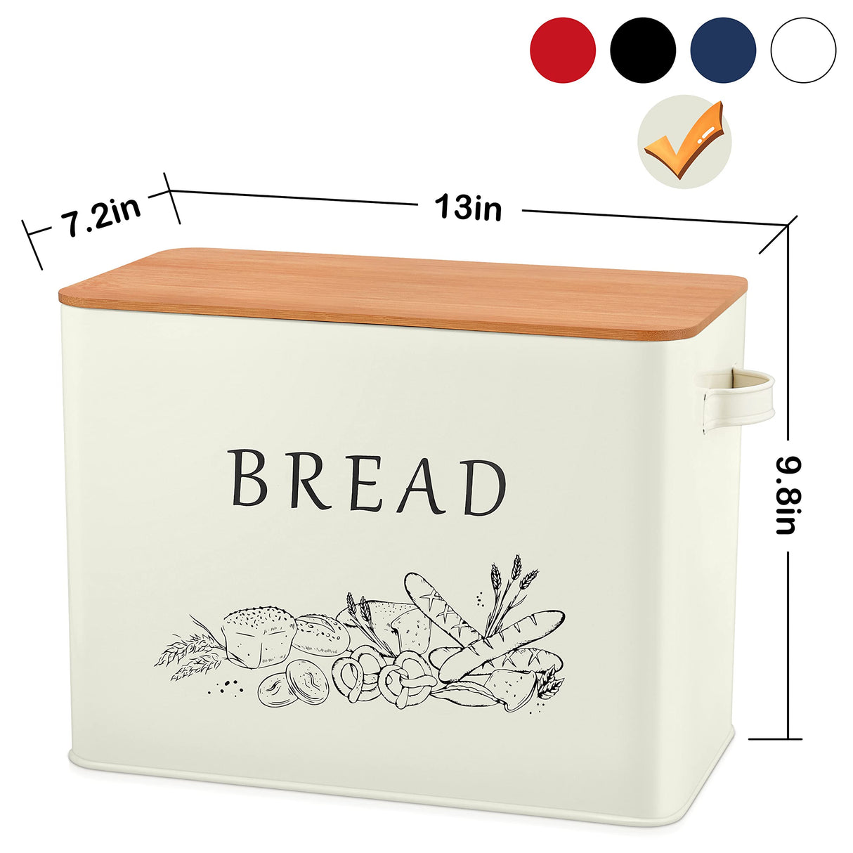 E-far Bread Box for Kitchen Countertop, Metal Bread Storage Container Bin with Bamboo Lid for Cutting Bread, Extra Large & Farmhouse Style, 13” x 7.2” x9.8”, Cream E-far