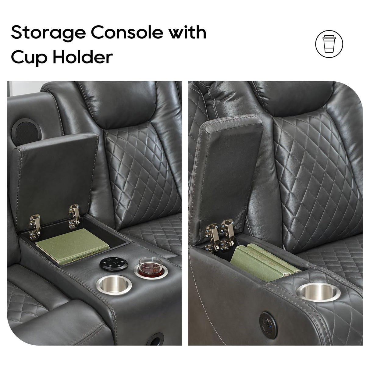 Power Recliner Sectional Sofa with Bass Speaker,Wireless Charger,Electric Reclining Sectional Sofa with 2 Faux Leather Recliner,LED Strip,Reading Light,Type-C USB Port,Cup Holder,Storage Console Gray Comfort Stretch