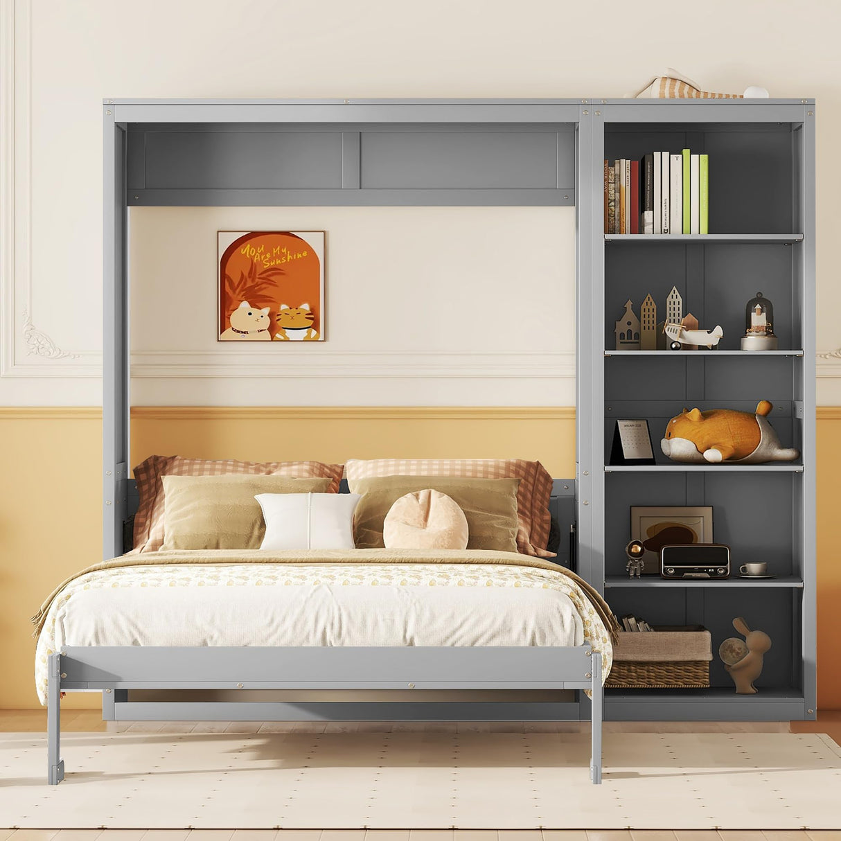 Harper & Bright Designs Queen Size Murphy Bed, Wooden Wall Bed with Shelves, Gray Harper & Bright Designs