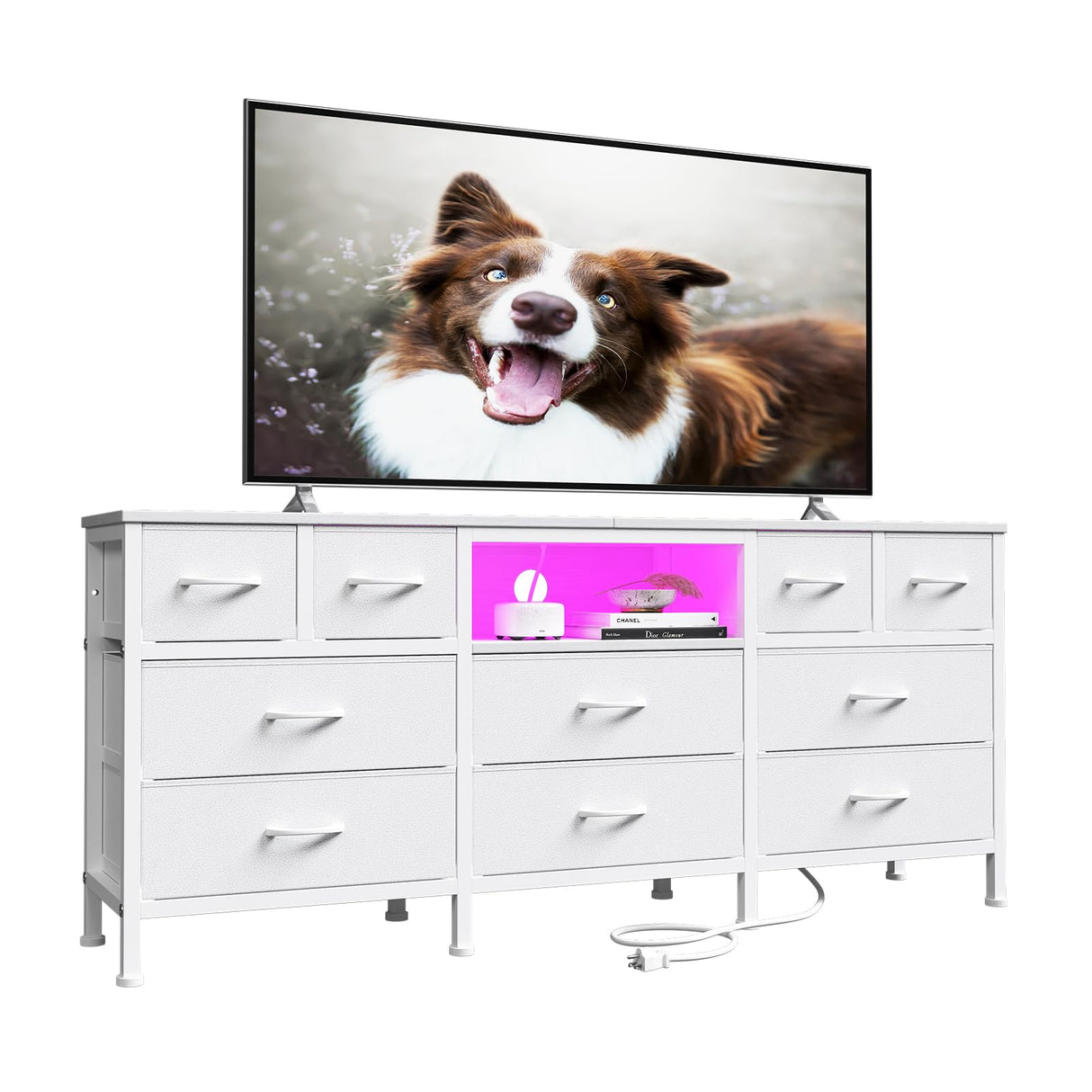 DrawXynth White Dresser for Bedroom with LED Lights and Power Outlets, 55" TV Stand with 10 Drawers & Open Shelves, Fabric Chest of Drawers with PU Finish, Metal Frame, Wood Top DrawXynth