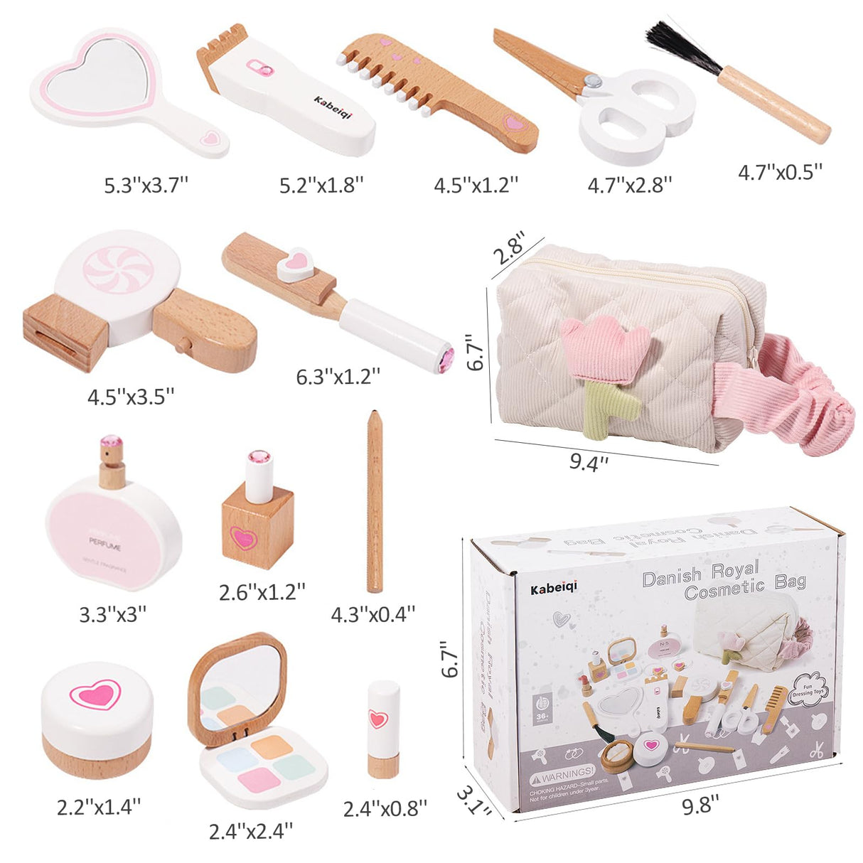 16Pcs Wooden Makeup Kit Toy for Toddlers, Pretend Play Beauty Salon Set with Styling Tools, Cosmetics and Storage Bag for Kids Age 3+ Gserin