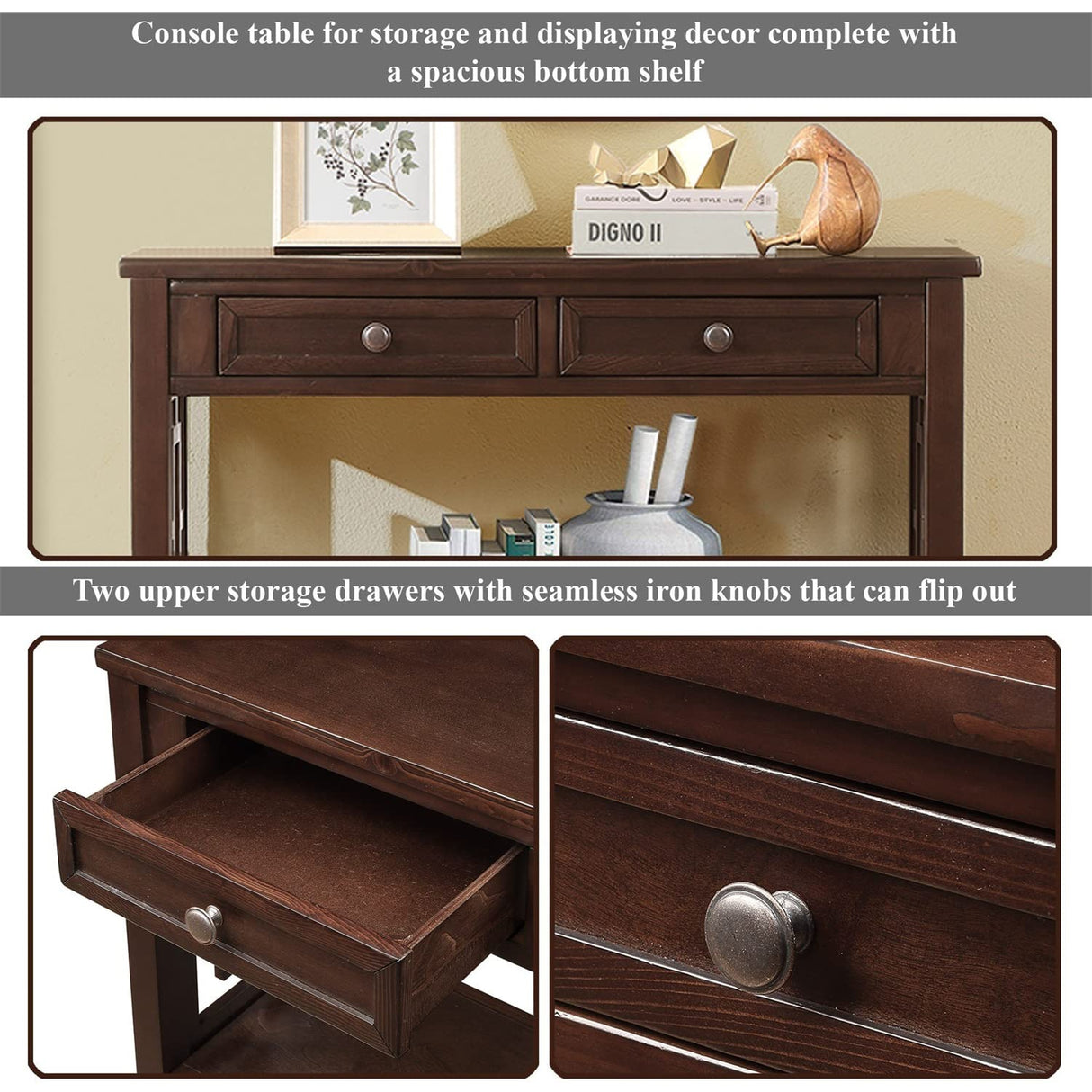 L“KeKe 36 Inch Country Farmhouse Console Table with 4 Drawers and 1 Storage Shelf Pine Wood Suitable for Entryway Entrance Living Room Bedroom Hallway Kitchen (Light espreso L“KeKe