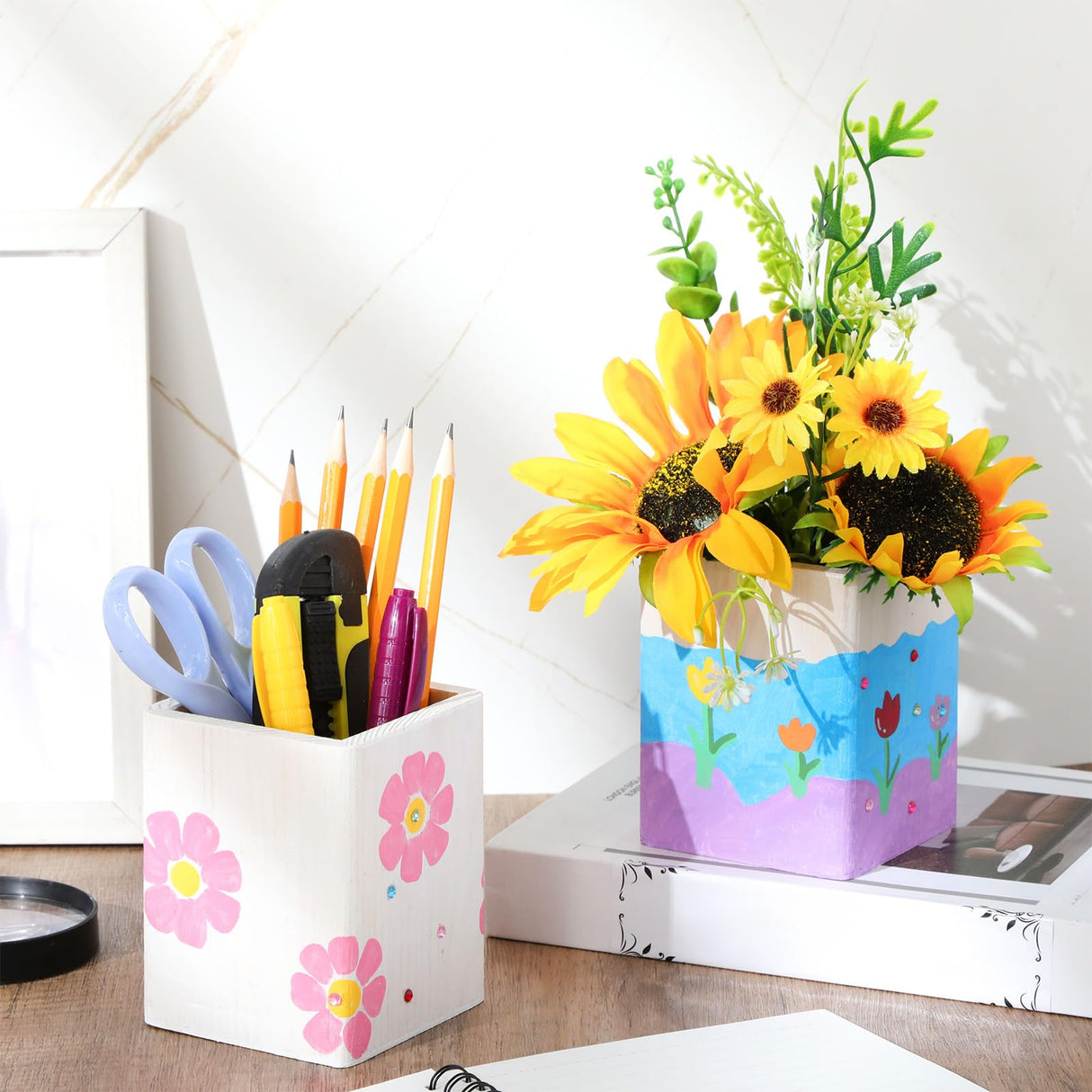 DoubleFill 6 Pack Wood Pen Holder Unfinished Wooden Pencil Holder for Homemade DIY Crafts Mini Wood Pencil Box Small Wooden Crates for Crafts Projects, 3 x 3 x 4 Inches DoubleFill