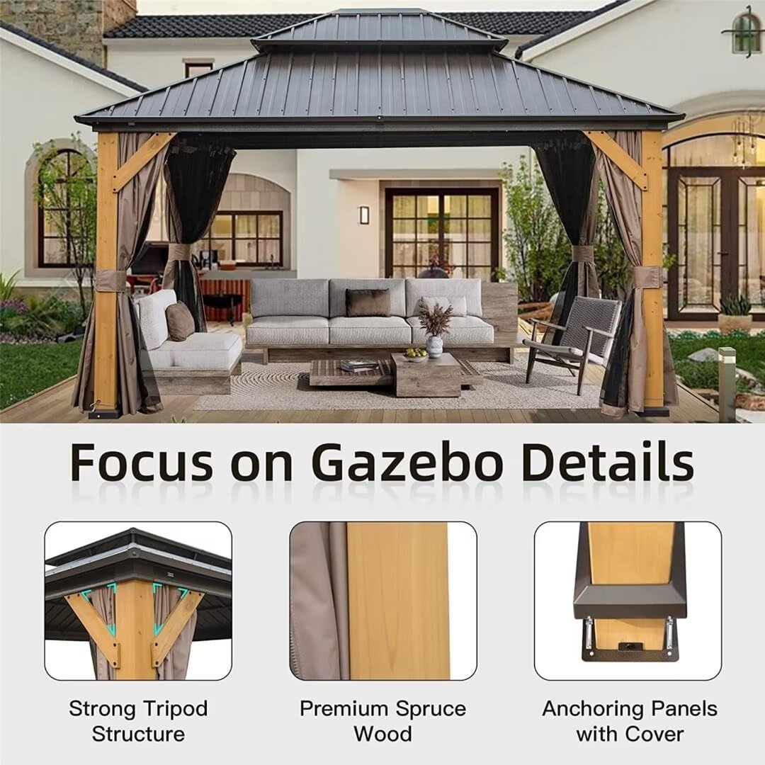 LPP-AWH 12'x14' Hardtop Gazebo with Cedar Wood Frame,Galvanized Steel Double Roof Gazebo Pavilion with Curtains and Netting - Outdoor Permanent Gazebo Canopy for Garden & Backyard (Brown) LPP-AWH