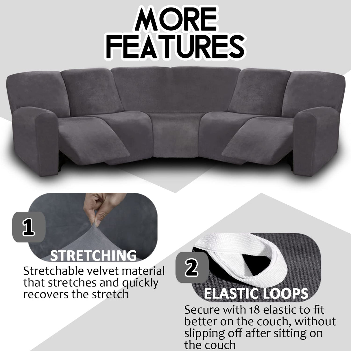 ULTICOR 7-Piece Sectional Sofa Covers, Velvet Stretch Reclining Couch Covers for Reclining L Shape Sofa, Thick, Soft, Washable (Dark Grey, 5 Seat Recliner Cover) ULTICOR