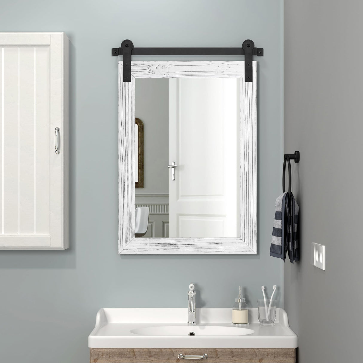 COGOOD Farmhouse Bathroom Mirror - 30 x 21 Rustic Wood Framed Wall Barn Door Mirror for Entryway, Living Room, Vanity Wall Decor (White) COGOOD