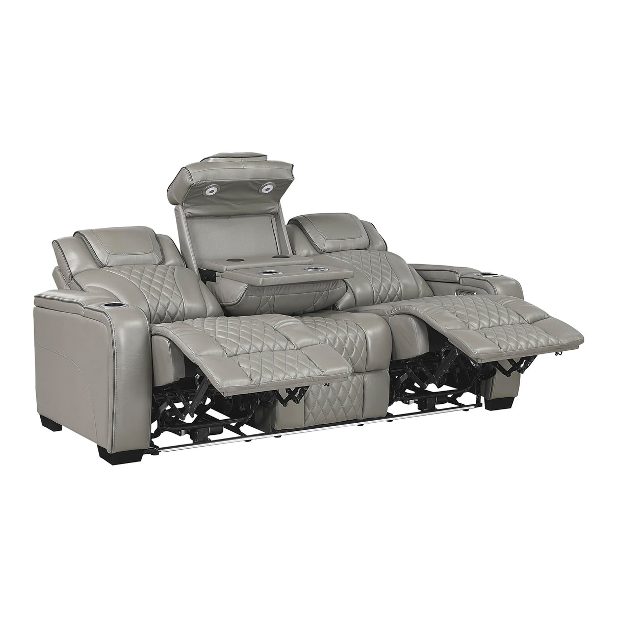 Lexicon Power Double Reclining Sofa, Center Drop-Down Table with Heat/Massage/Headrest/Storage Arms/Cup Holders/LED Lights/Wireless Charging, Top Grain Leather Match Wall Hugger Recliner Sofa, Grey Lexicon