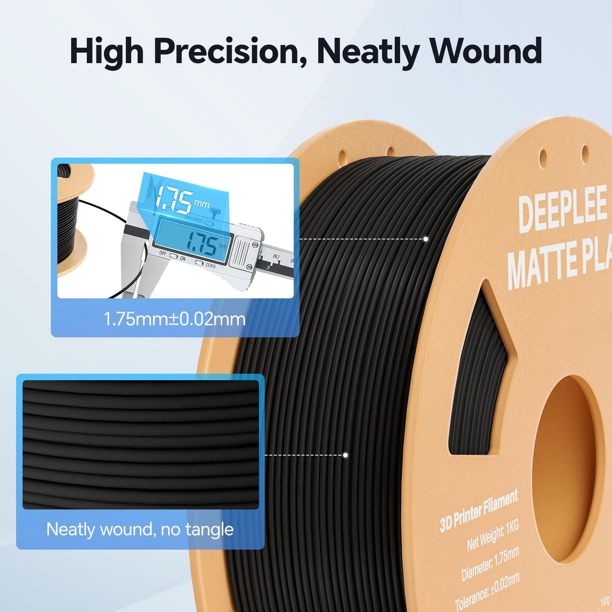 DEEPLEE Matte PLA Filament 1.75mm, 3D Printer Filament Dimensional Accuracy +/- 0.02mm, No Clogging, Higher Toughness, Cardboard Spool 3D Filament, 1kg Black Deeplee