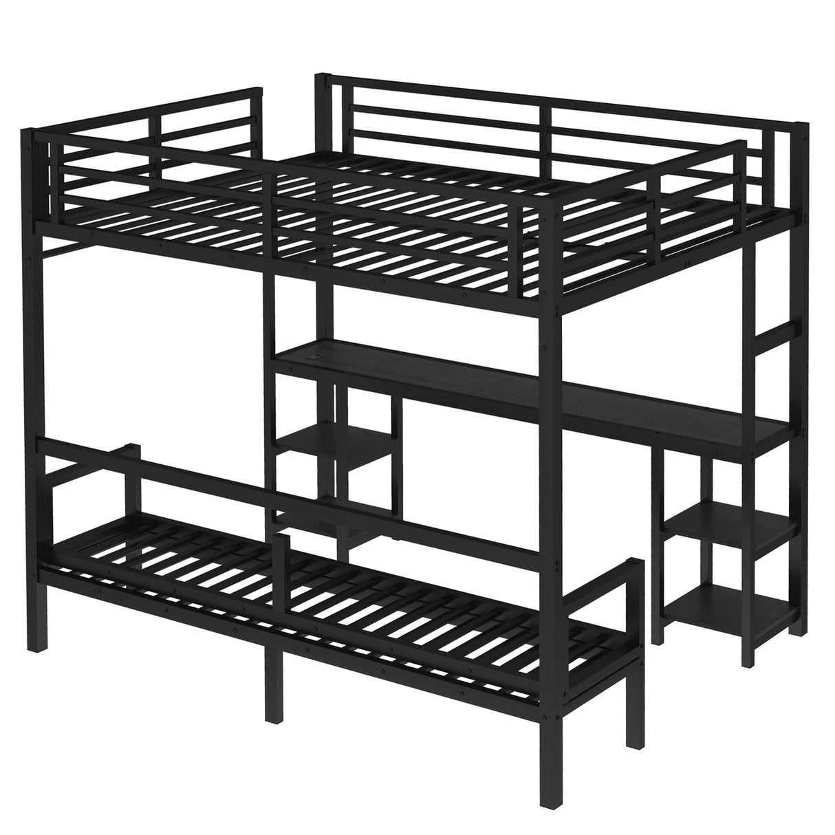 SOFTSEA Queen Over Twin XL Metal Bunk Bed with Desk and Shelves, Metal Bed Frame with LED and USB, Multiple Uses Folds into Sofa, No Box Spring Needed, Black SOFTSEA