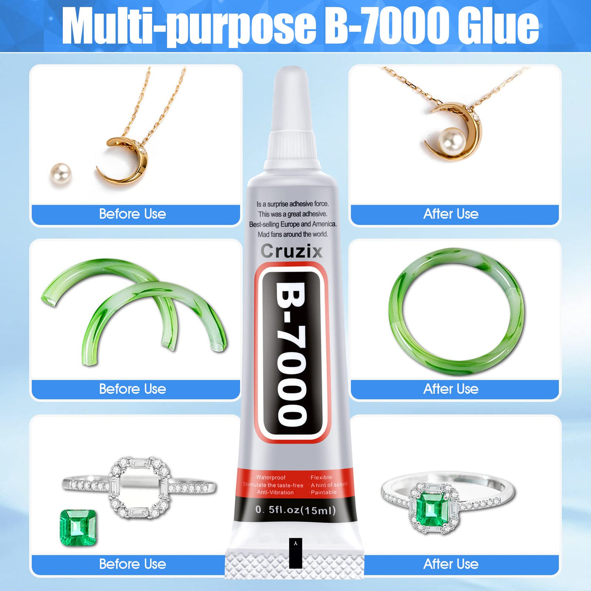 B-7000 Glue Clear for Rhinestone Crafts, Jewelry and Bead Adhesive B7000 Semi Fluid High Viscosity Glues for Clothes Shoes Fabric Cell Phones Screen Repair Metal Stone Nail Art Glass (4x15 ml/0.5 oz) Cruzix