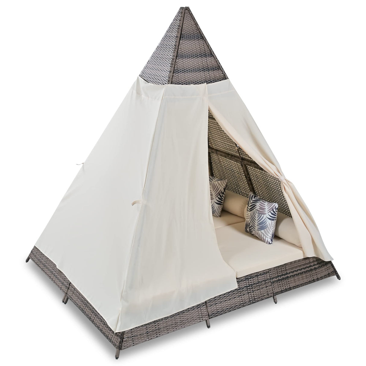 Outdoor Sunbed with Cushions and Colorful Pillows,Tent Shape Wicker Patio Daybed 90.5" Length Lounge Bed for Patio Lawn Garden Backyard Porch Pool(Brown + Beige) Bellemave