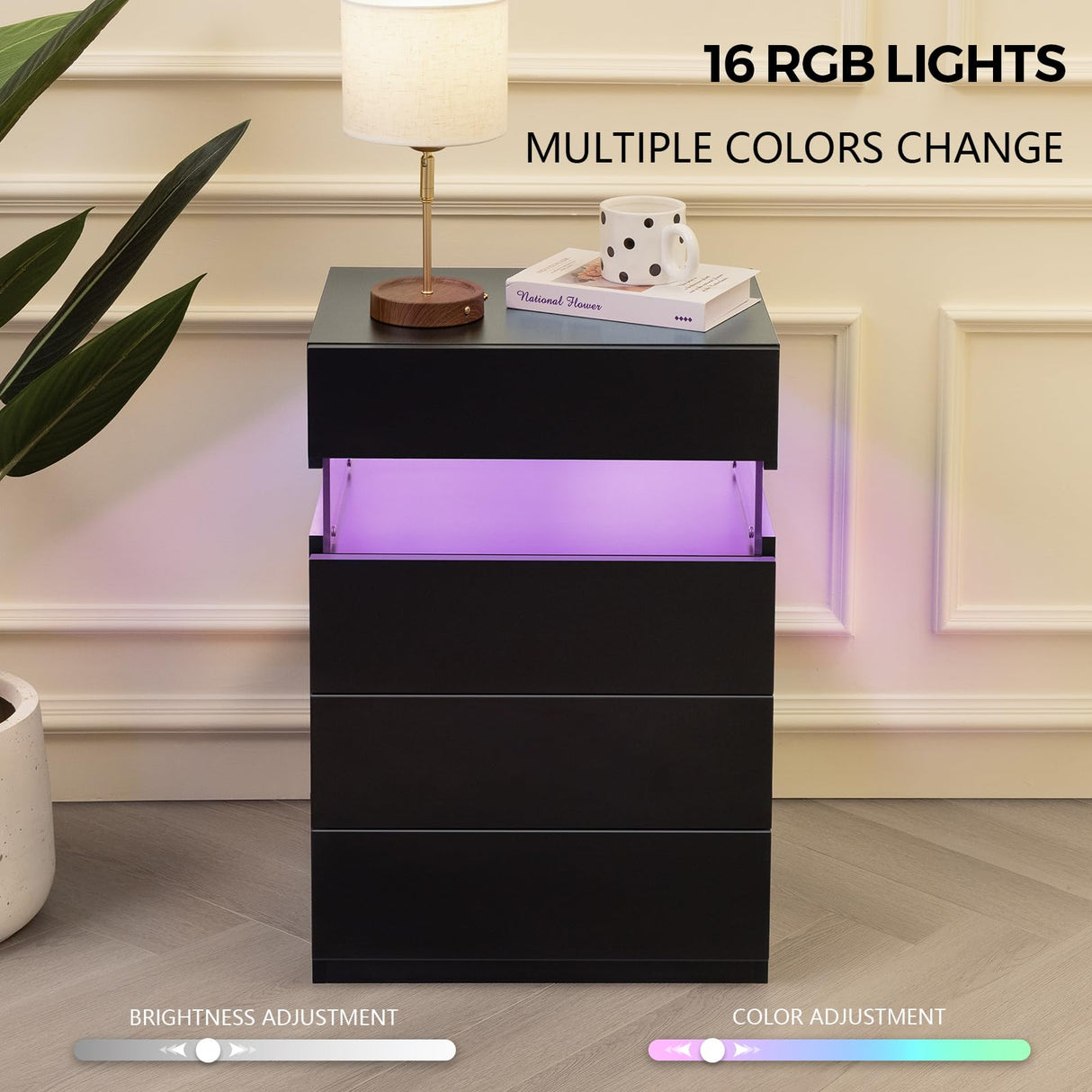 Bingoday LED Nightstands Set of 2 Night Stands for Bedrooms Set of 2 Modern Black Nightstands with 4 Drawers Wide LED Nightstand Bedside Table Bingoday