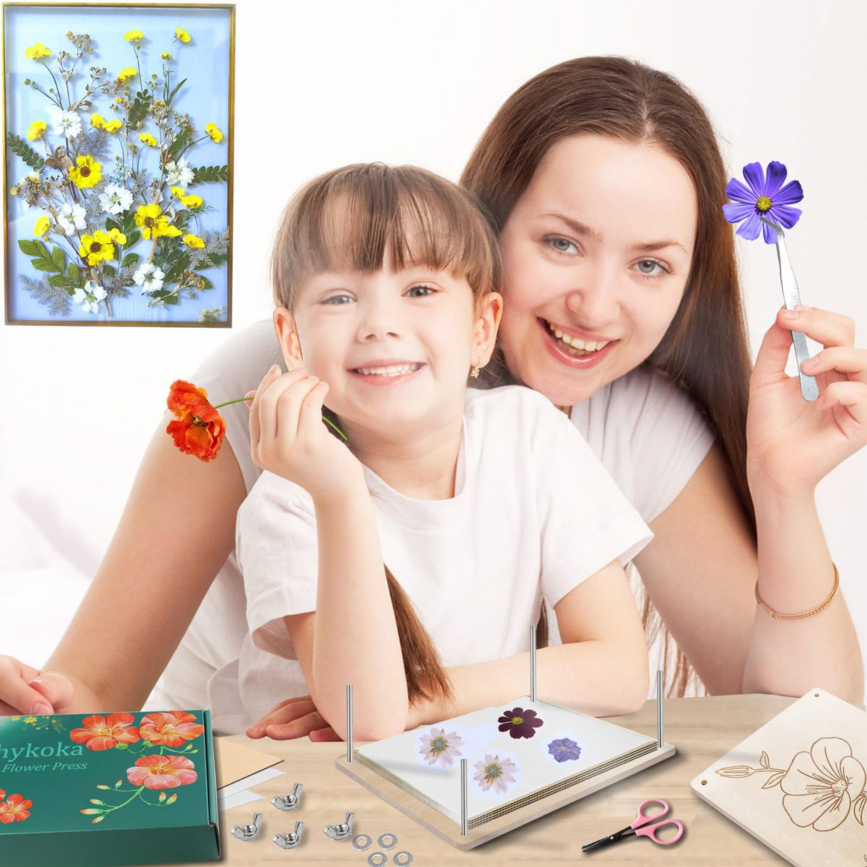 Rhykoka Professional Flower Press, 8 Layers 6.3x8.3 inch (16x21cm) Wooden Flower Press Kit/Flower Pressing for Kids Adults, Great Gift for DIY Flowers Lovers (Wooden) Rhykoka