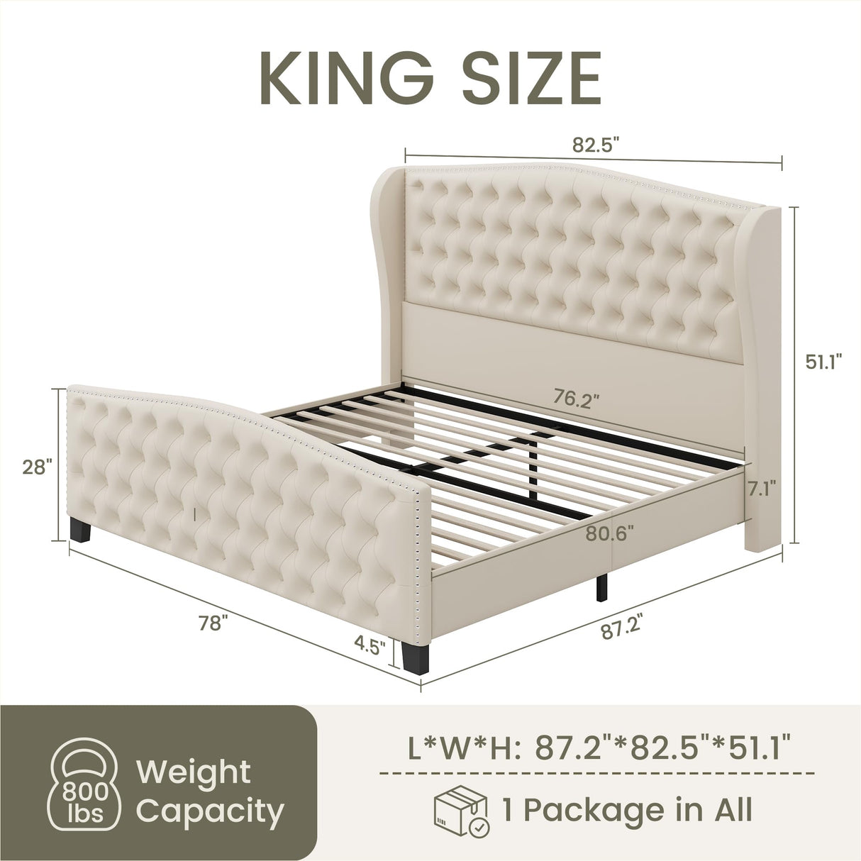 LARMACE King Size Bed Frame Velvet Upholstered Platform Bed with Wingback Headboard & Footbaord, Deep Button Tufted Bed Frame with Wood Slats Support, No Box Spring Needed, Beige LARMACE