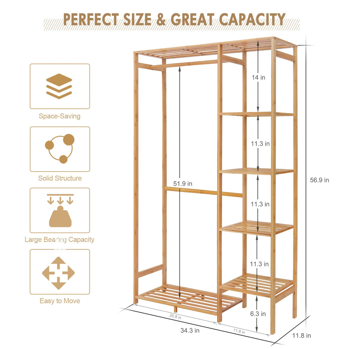 Jotsport Bamboo Clothing Rack with 6 Tier Storage Shelf Multifunctional Garment Organizer Wardrobe Closet for Guest Room Kids Baby Bedroom Entryway Jotsport