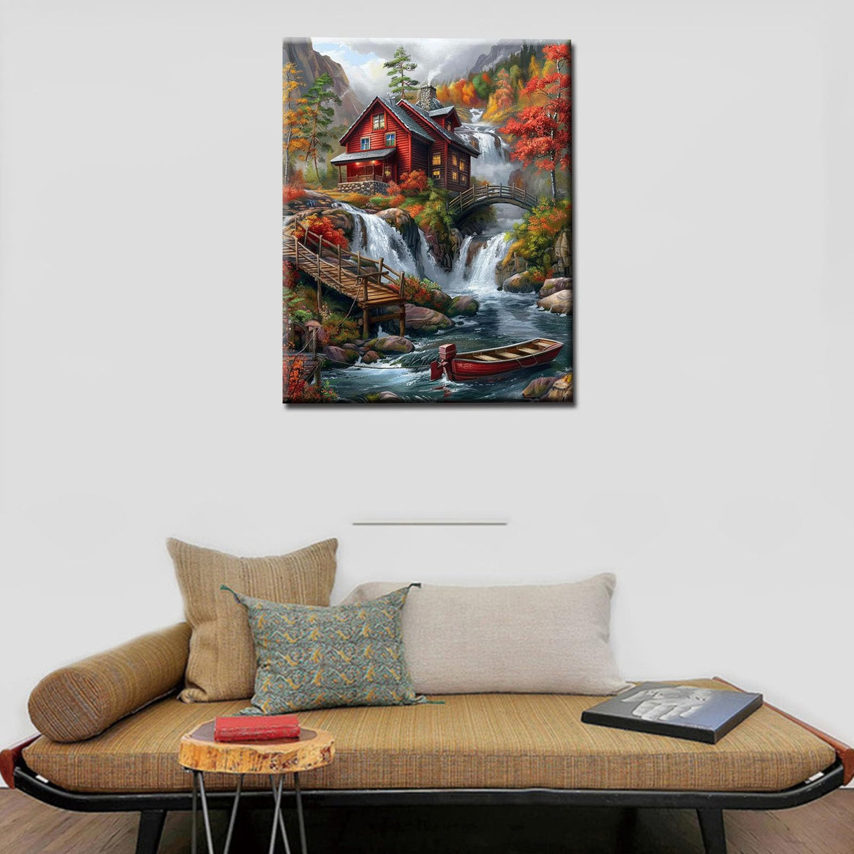 Native American Waterfall Paint by Numbers Kits 16x20 inch Canvas Red Wooden House DIY Oil Painting for Kids, Adults Beginner River with Boat Paintwork with Brushes Home Decor Boho Gift(Frameless) Tucocoo