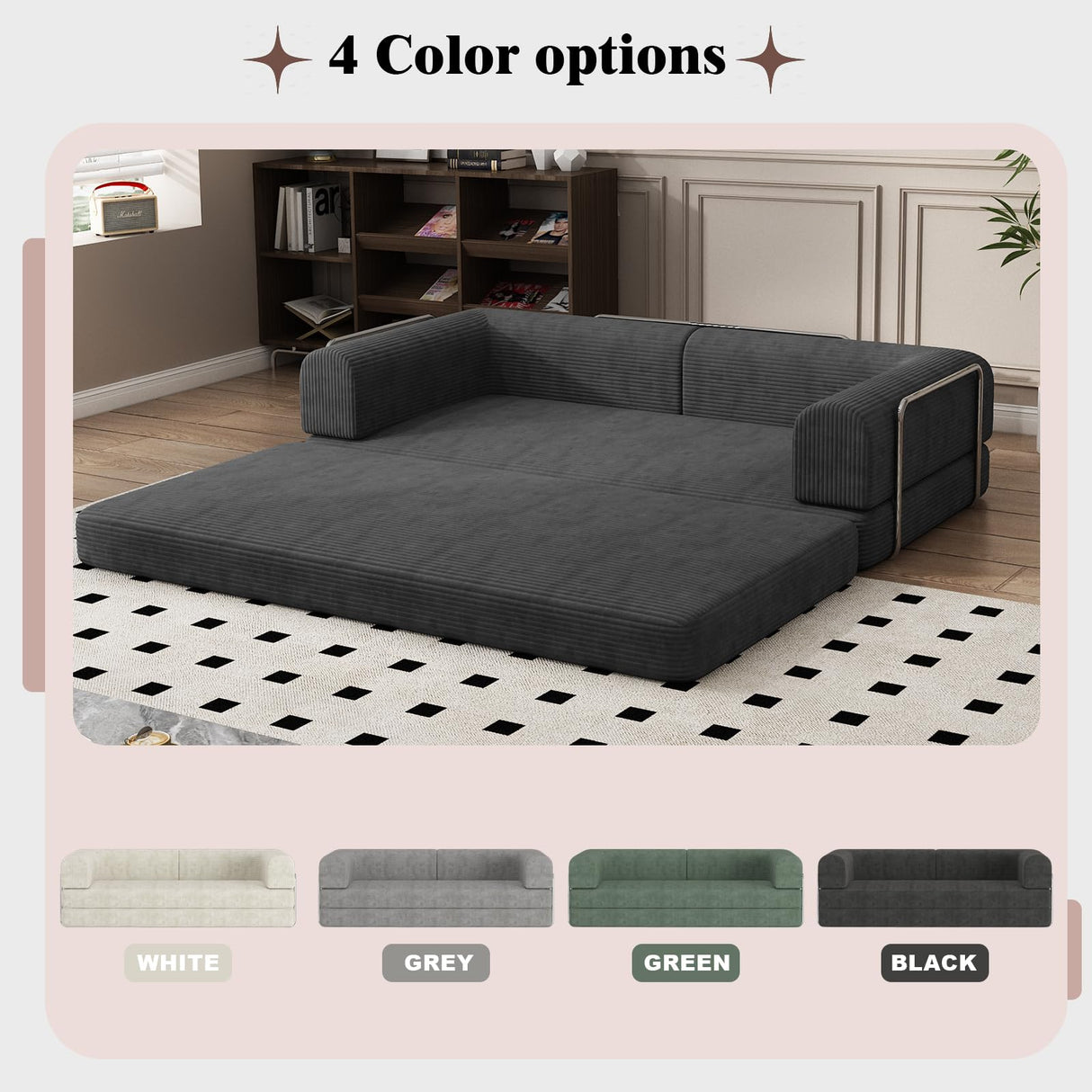 Convertible Corduroy Sleeper Sofa Bed,Folding Mattress Couch with Fixed-Shape Frame, 3 Seater Fold Out King Size Futon,No Assembly Floor Couch for Living Room Dorm Studio 78.7*39.4*29.6 Inch Black PeacefulHues