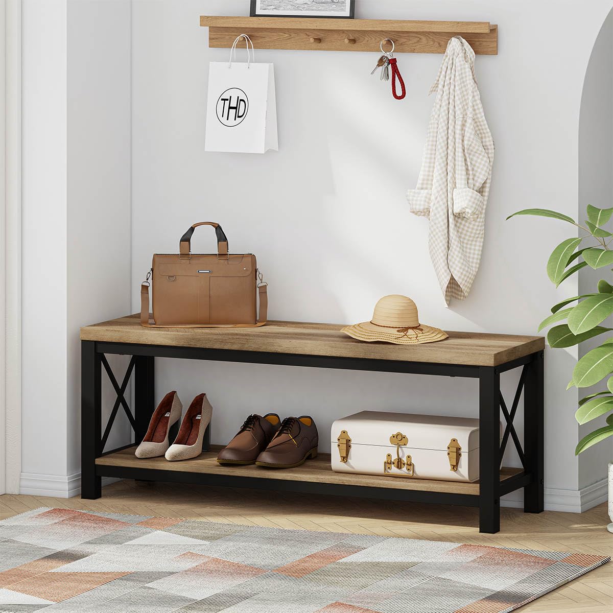 BON AUGURE Entryway Bench, Farmhouse Wooden Metal Entry Storage Bench, Rustic Shoe Benches with Shelf for Foyer, Mudroom, Bedroom, Hall, Entrance (Vintage Oak) BON AUGURE