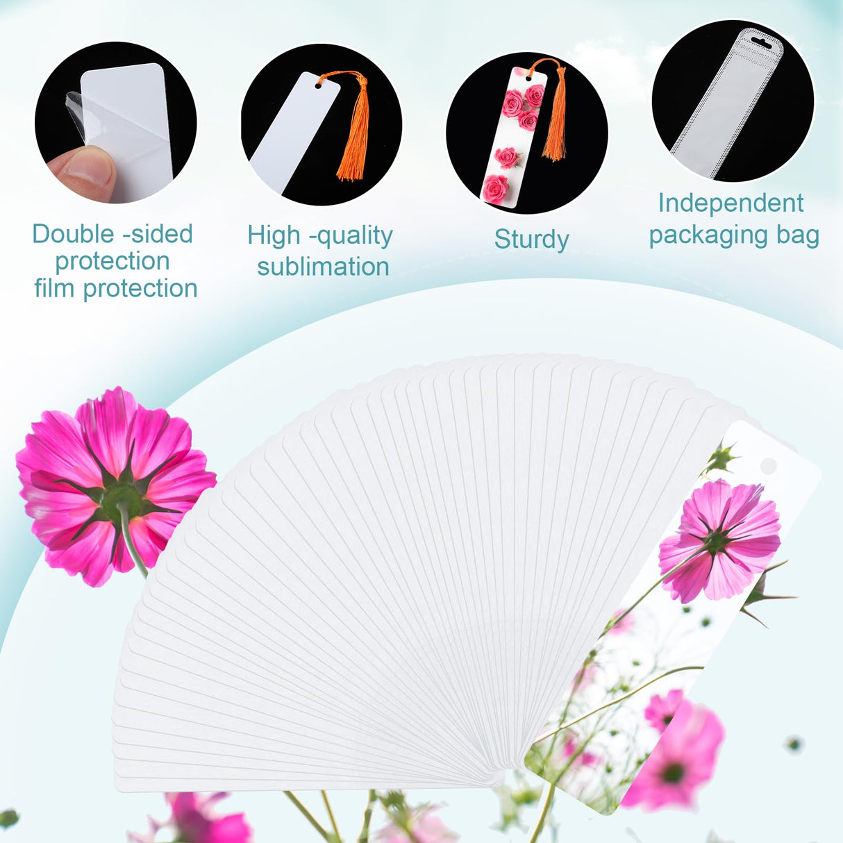 ZhouBoat 50 Sets Sublimation Blank Bookmarks, DIY Blank Aluminum Metal Bookmarks with Clear Bookmark Sleeves Tassels and Self-Sealing Bags for Crafts Birthday Reading Back to School Supplies ZhouBoat