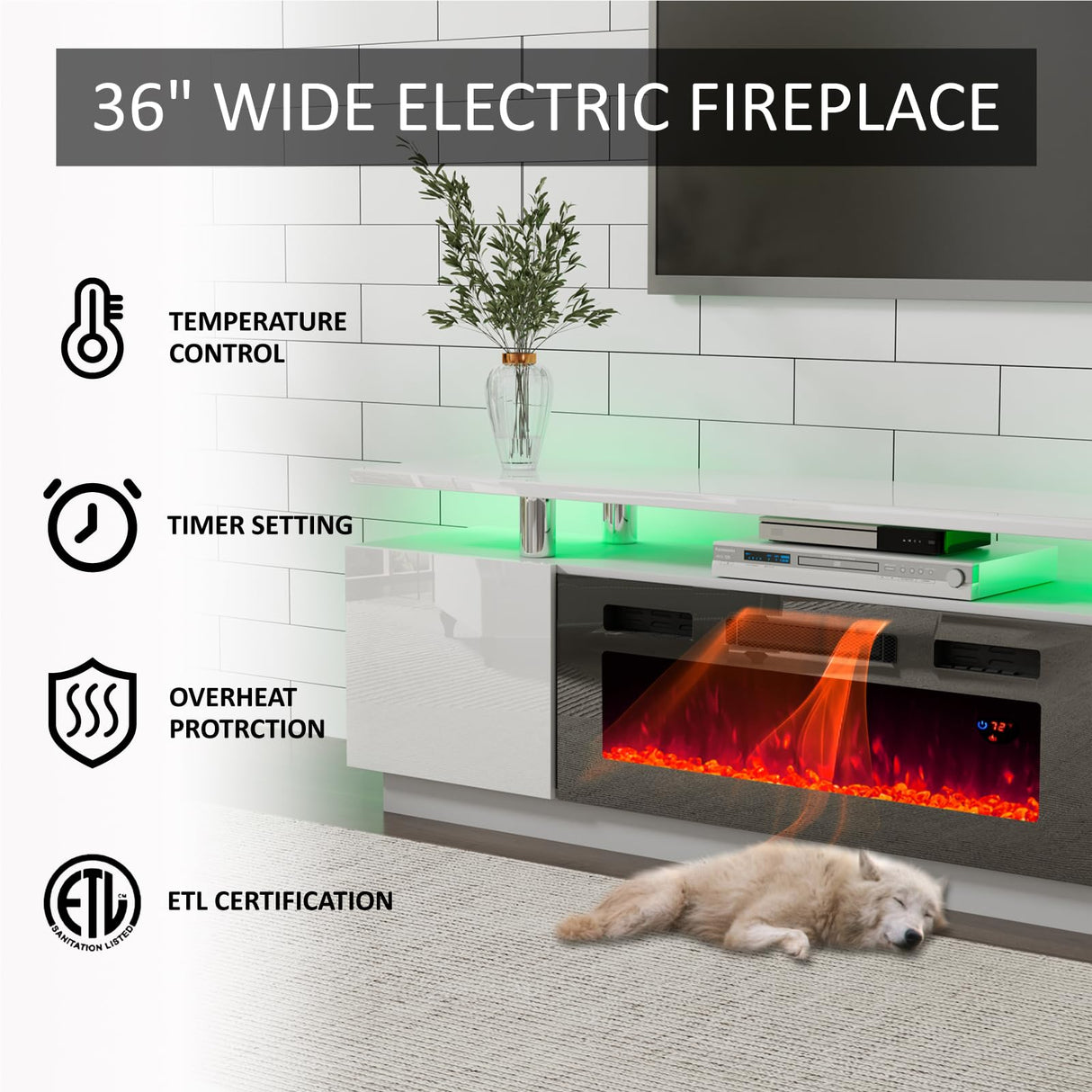 AMERLIFE Wall Unit Entertainment Center with Fireplace & Bookshelves, Includes 70" 2-Tier Fireplace TV Stand, 2 x Wall Cabinets & End Tables, Modern LED Lights TV Console for Living Room, White AMERLIFE