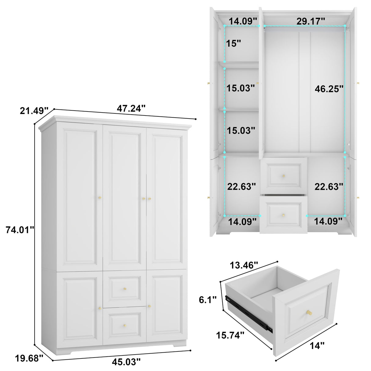 LABROSKIA White Wardrobe with 2 Drawers: 74" Large Wardrobe Closet for Hanging Clothes, Tall Armoire Closet with 2 Doors, Bedroom Armoires with Hanging Rod (47") LABROSKIA