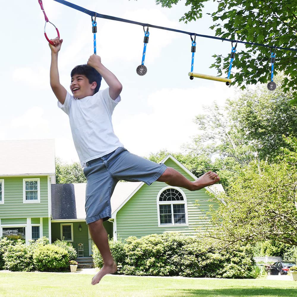 BeneLabel Playground Equipment, Ninja Obstacle Course for Kids 2pc, Hanging Obstacles with 2 Triangle Safety carabiners, Plastic Ball Grip, Monkey Bars for Kids BeneLabel