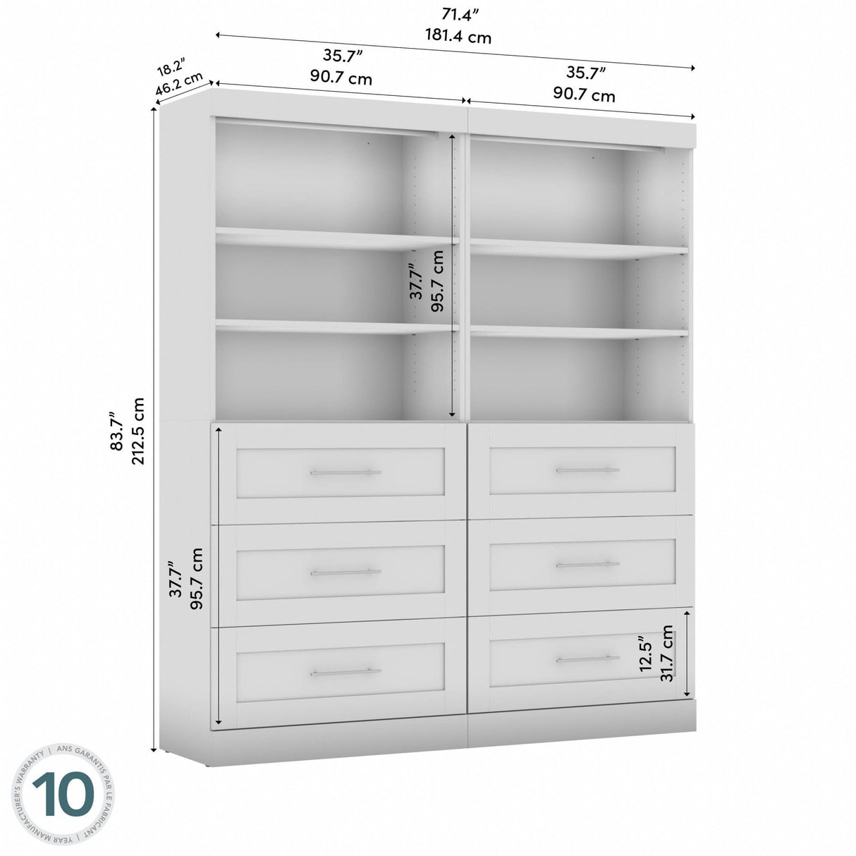 Bestar Wardrobe Closet Organizer System 72-inch with Drawers for Bedroom, Entryway, Pur Collection, Modern, White Bestar