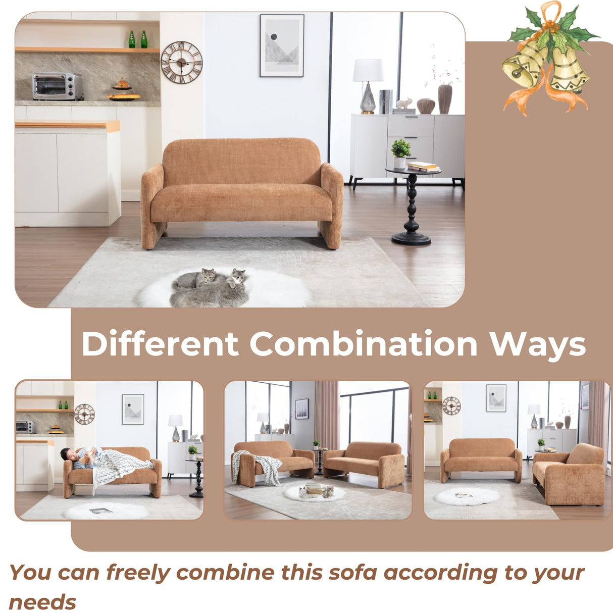 ROCITY Brown Loveseat Sofa 55'' Small Love Seat Couch Chenille Fabric 2 Seater Sofa Couch Comfy Upholstered Modern Leisure Loveseat Couches for Home Living Room Bedroom ROCITY