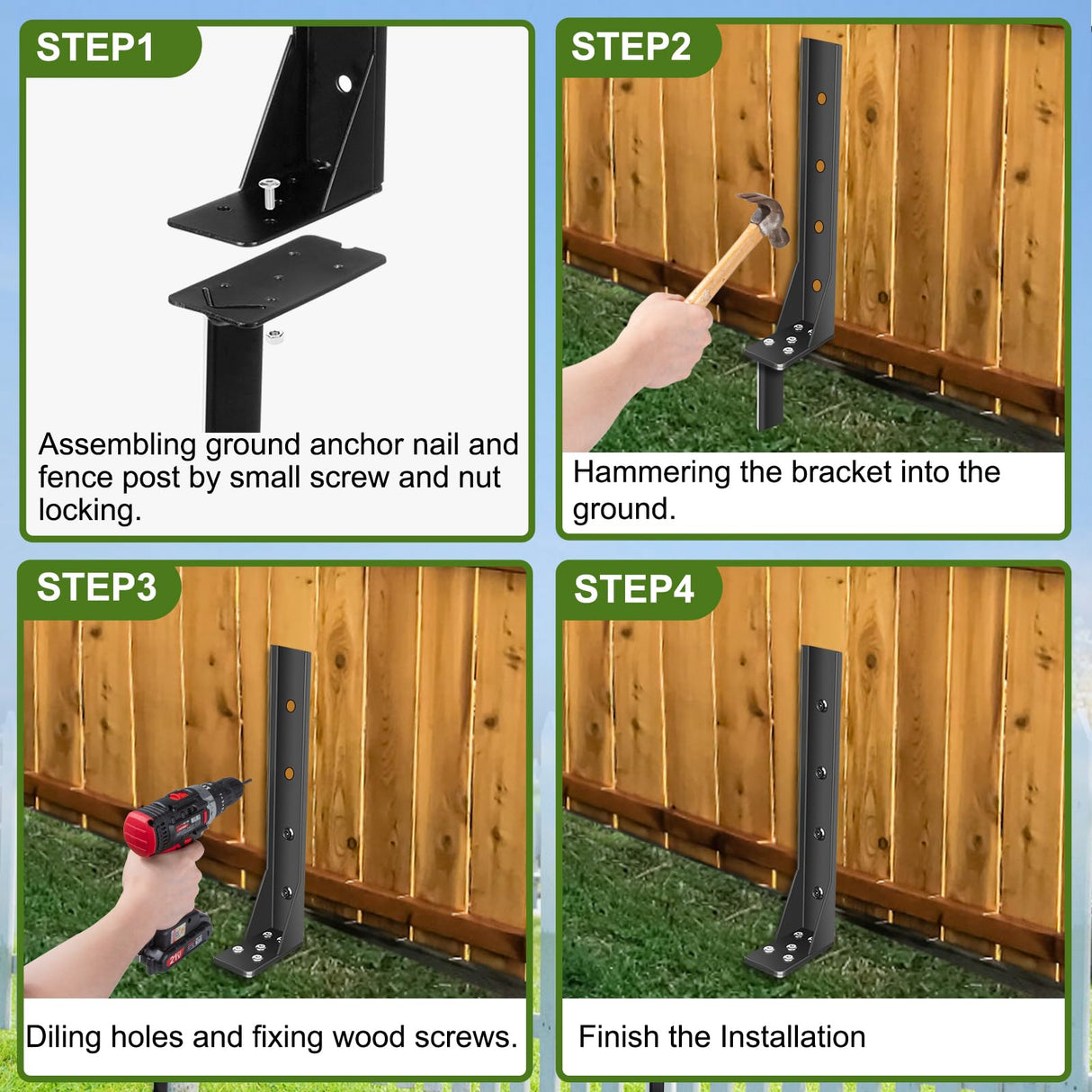Fence Post Repair Kit, Heavy Duty Fence Post Repair Stakes, Fences Post Anchor Ground Stakes, Fencing Repair Kits for Wood Posts, Repair Tilted and Broken Wood Support (4 Pcs) ULIOK