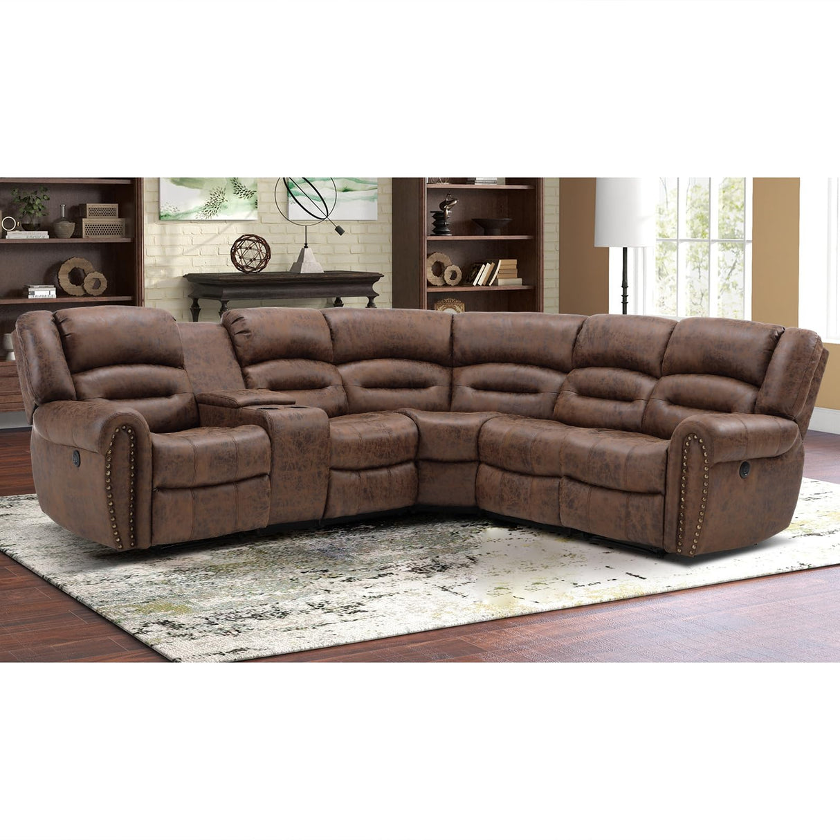 EBELLO L-Shaped Power Reclining Sectional Couch for Living Room, Faux Leather Recliner Sofa Set Corner Sectional Couch Home Furniture Set, with Storage Console and Cup Holders, USB Port, Coffee Brown EBELLO