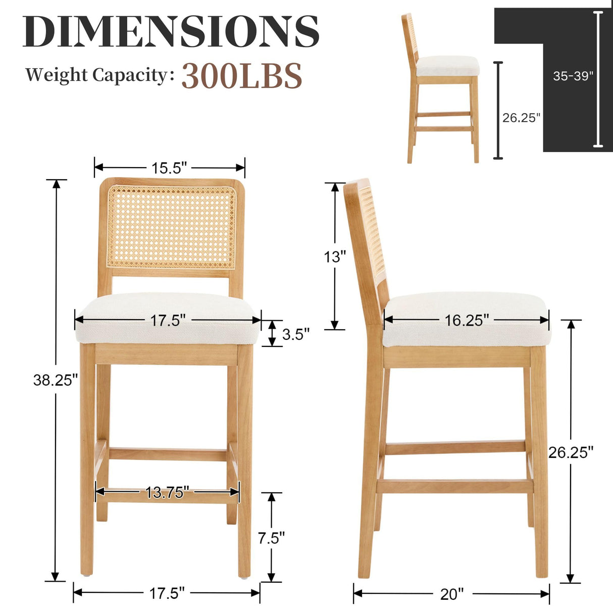 Counter Height Bar Stools Set of 2, Farmhouse Rattan Bar Stool with Back, Upholstered Wooden Barstools Mid Century Modern Breakfast Bar Chairs for Kitchen Island, Chenille Beige WAHSON OFFICE CHAIRS