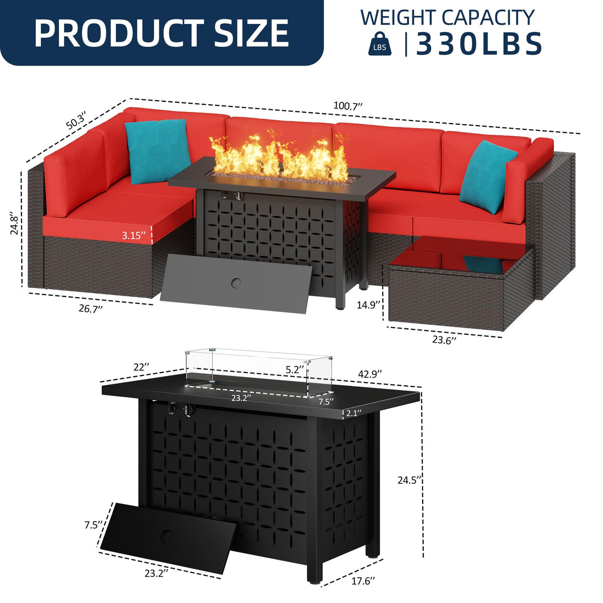 Vongrasig 7 Piece Patio Furniture Sets with 45 Inch Fire Pit Table All Weather PE Wicker Rattan Outdoor Sectional Sofa Couch Conversation Set w/Glass Table for Lawn, Garden, Backyard (Red) Vongrasig
