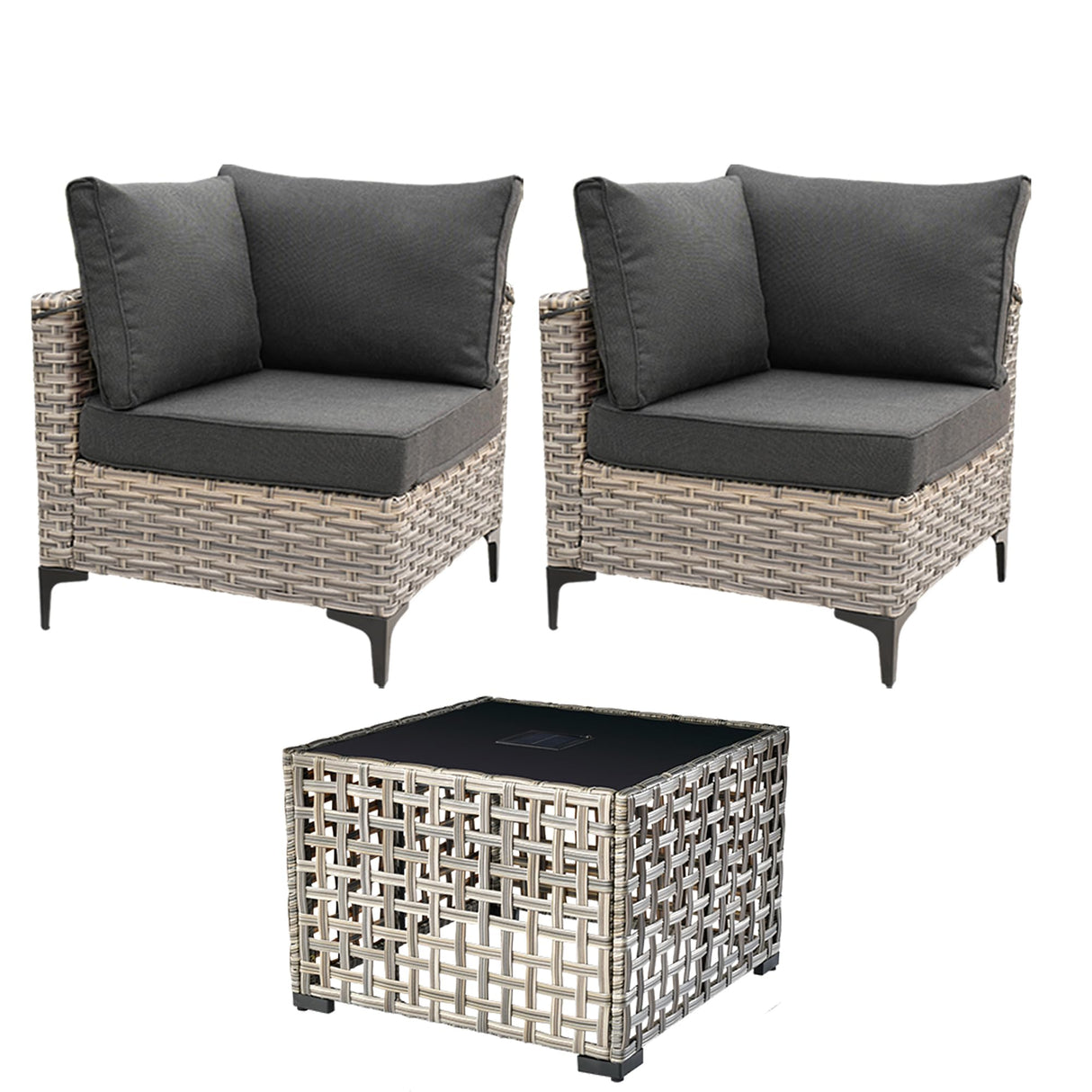 HOOOWOOO 3 Pieces Outdoor Patio Sectional Sets with 2 Single Arm End Corner Chairs and an LED Table,Black HOOOWOOO