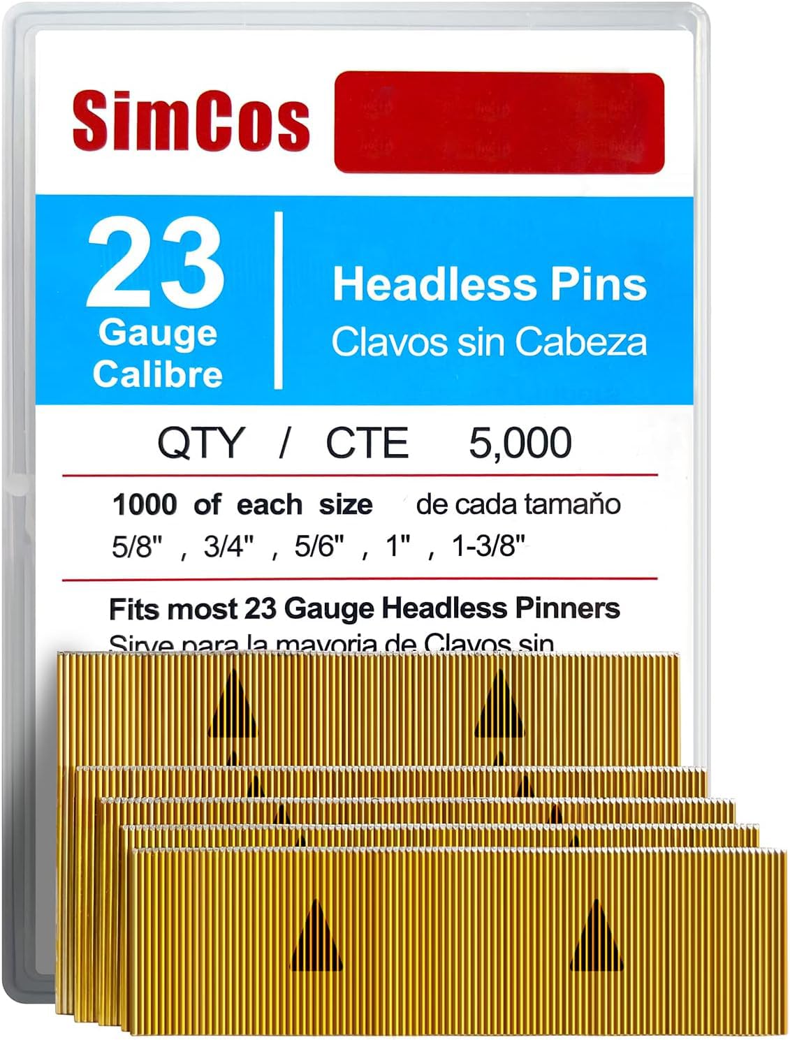 SimCos 23 Gauge Pinner Nails (5/8",3/4",5/6",1",1-3/8") assorted 5 sizes' Headless Pin Nails for 23 GA Pneumatic or Electric Pinner or pin gun,Project Pack (5000) SimCos