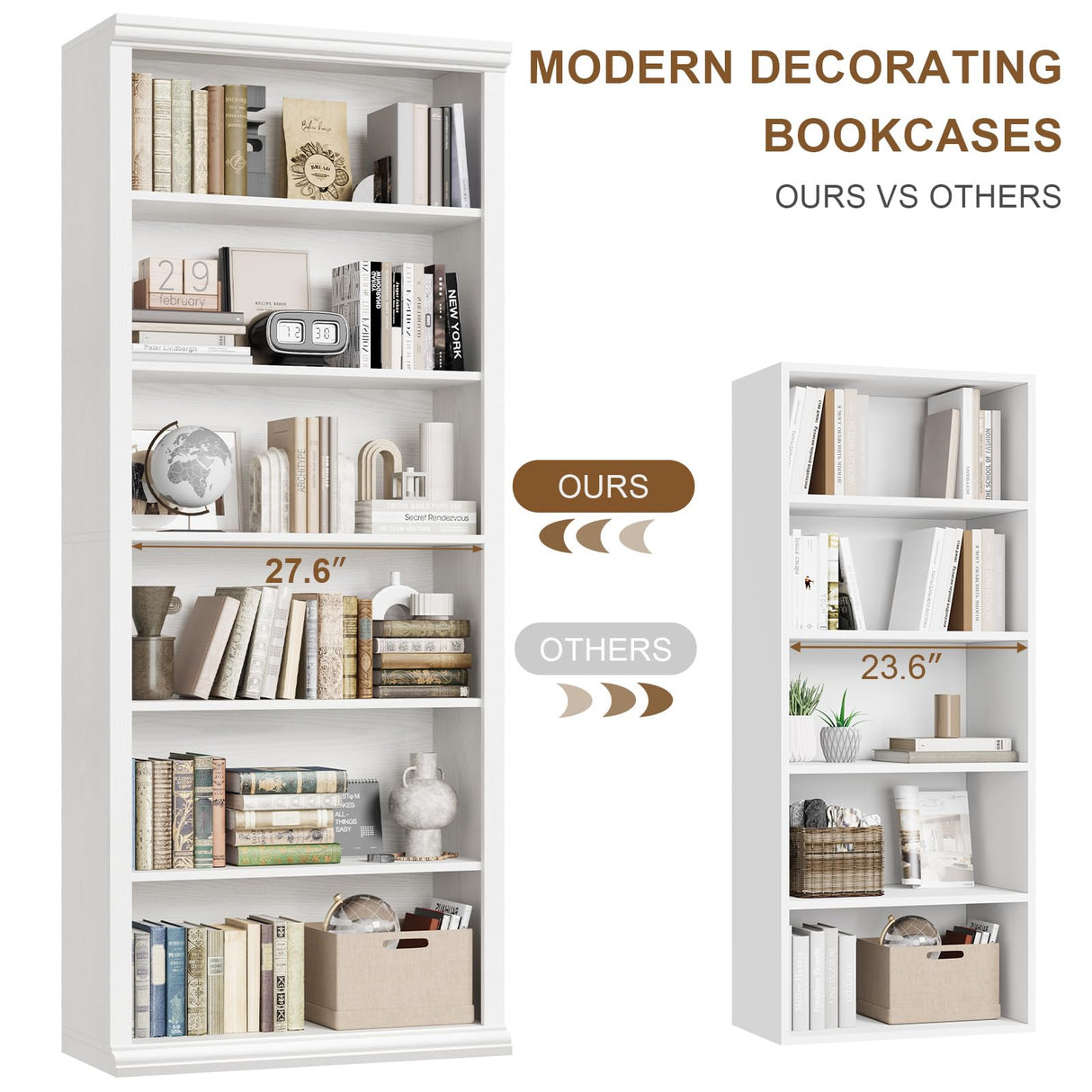 Rresyet Bookcase and Bookshelves, 28" W Tall Bookshelf with Elegant Design, 6 Tiers Spacious Book Storage, Freestanding Book Organizer, Display Library Shelf for Home Office, Living Room & Study Room Rresyet