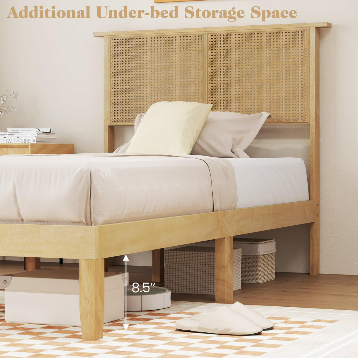 KOMFOTT Twin Size Wood Platform Bed Frame with Rattan Headboard, Boho Rubber Wood Bed Frame with Plywood Slats & Under-Bed Storage, Platform Bed Frame, Mattress Foundation, No Box Spring Needed KOMFOTT