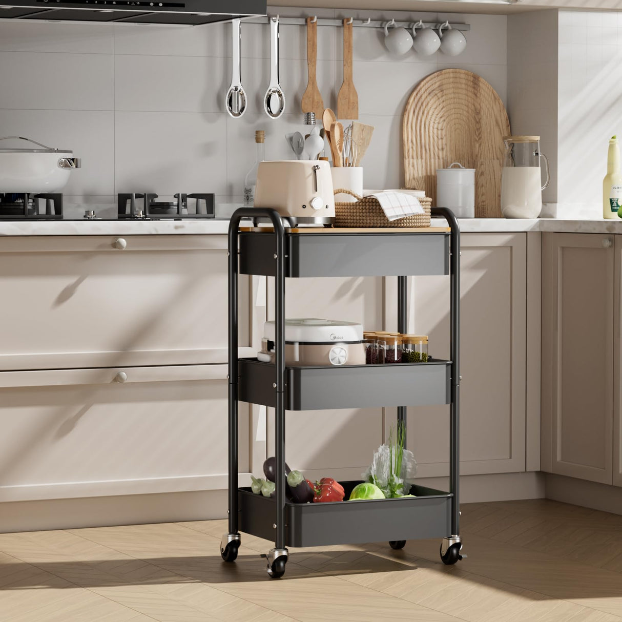 johgee 3 Tier Rolling Cart with Table top, Metal Utility Cart, Sturdy Storage Organizer Cart with Locking Wheels & Hooks for Office, Classroom, Kitchen and Bathroom johgee