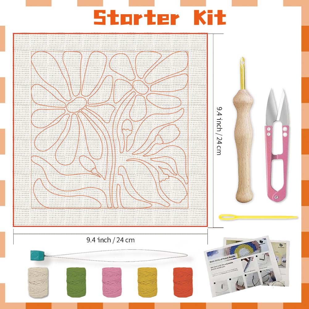 BEUNITONE Flower Beginners Punch Needle kit Handcraft Embroidery Starter Kits for Adults Flowers and Plants Punch Stitching Kit with Instruction Square Punch Needle Frame for Wall Decor 9.4'' x 9.4'' BEUNITONE
