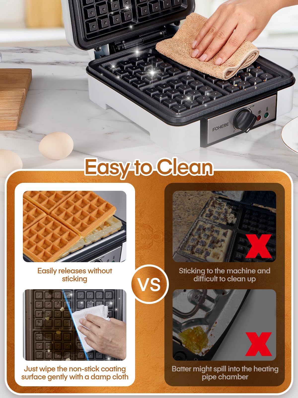 FOHERE Belgian Waffle Maker 4 Slices, 1200W Square Waffle Iron, 5 Browning Levels, Nonstick Plates, Cool-touch Handle, Anti-scald, Anti-overflow, Indicator Lights, Recipe, White FOHERE