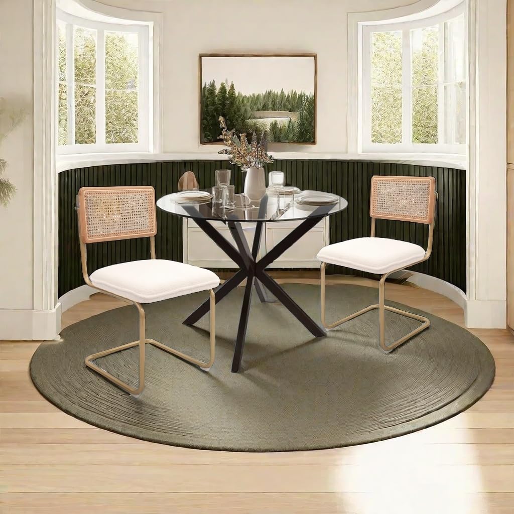 CangLong Mid-Century Modern Rattan Chairs, Upholstered Fleece Seat Armless Chairs with Rattan Backrest & Metal Legs for Home Kitchen Dining Room, Set of 2, Cream CangLong