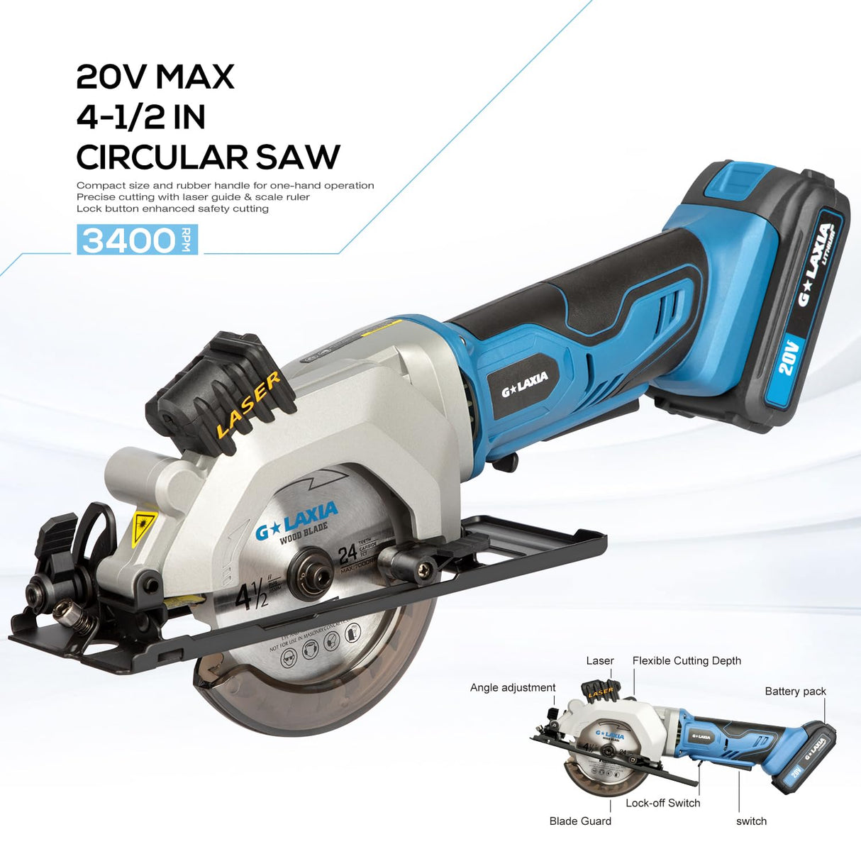 G LAXIA Mini Circular Saw, 4-1/2" 3400RPM Cordless Circular Saw with Laser Guide, Rip Guide, Compact Hand Saw with 2Pcs blades(24T+60T), Max Cutting Depth 1-11/16"(90°), 1-1/8"(45°) G LAXIA