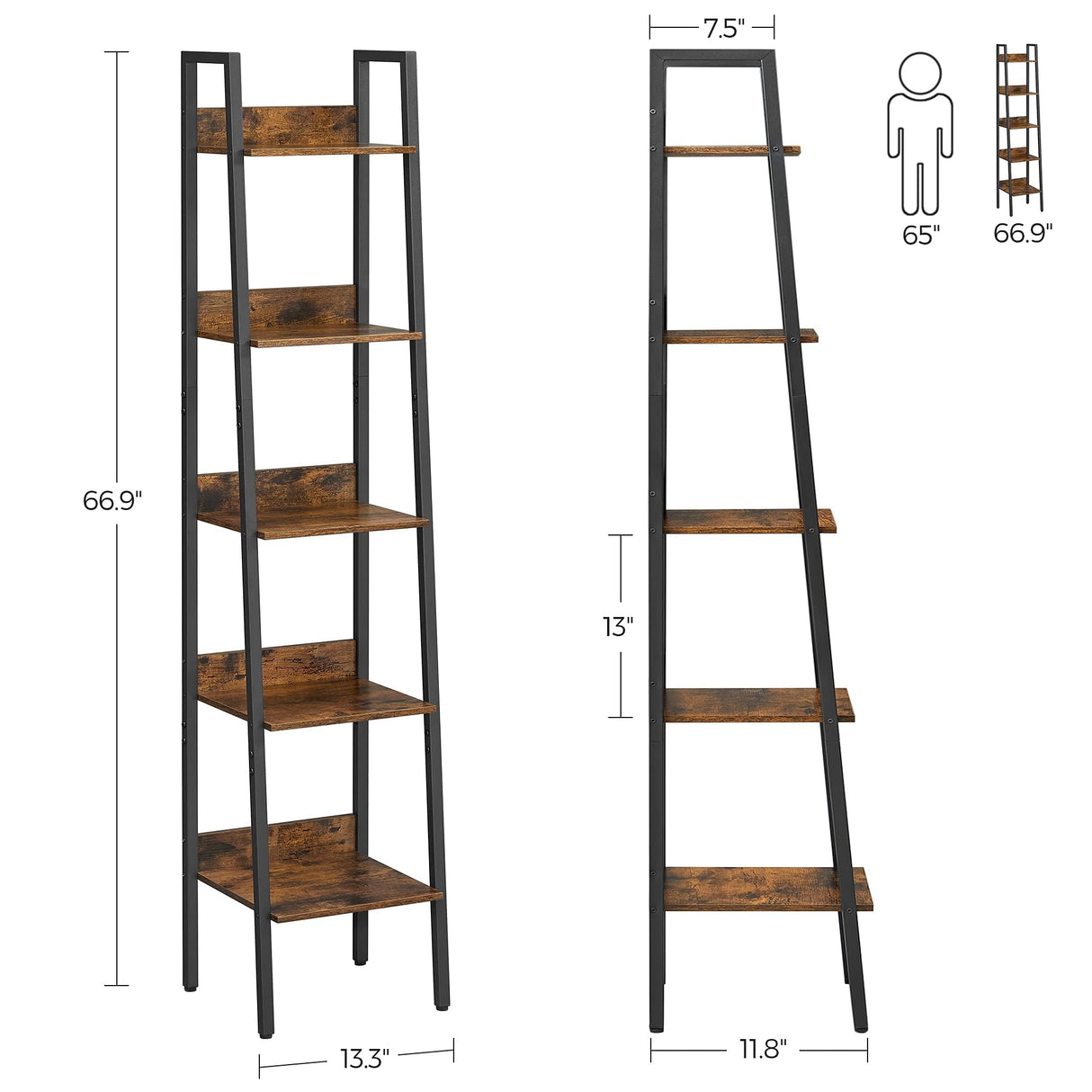 VASAGLE Bookshelf, 5-Tier Narrow Book Shelf, 11.8 x 13.3 x 66.9 Inches, Ladder Shelf for Home Office, Living Room, Bedroom, Kitchen, Rustic Brown and Ink Black ULLS109B01 VASAGLE