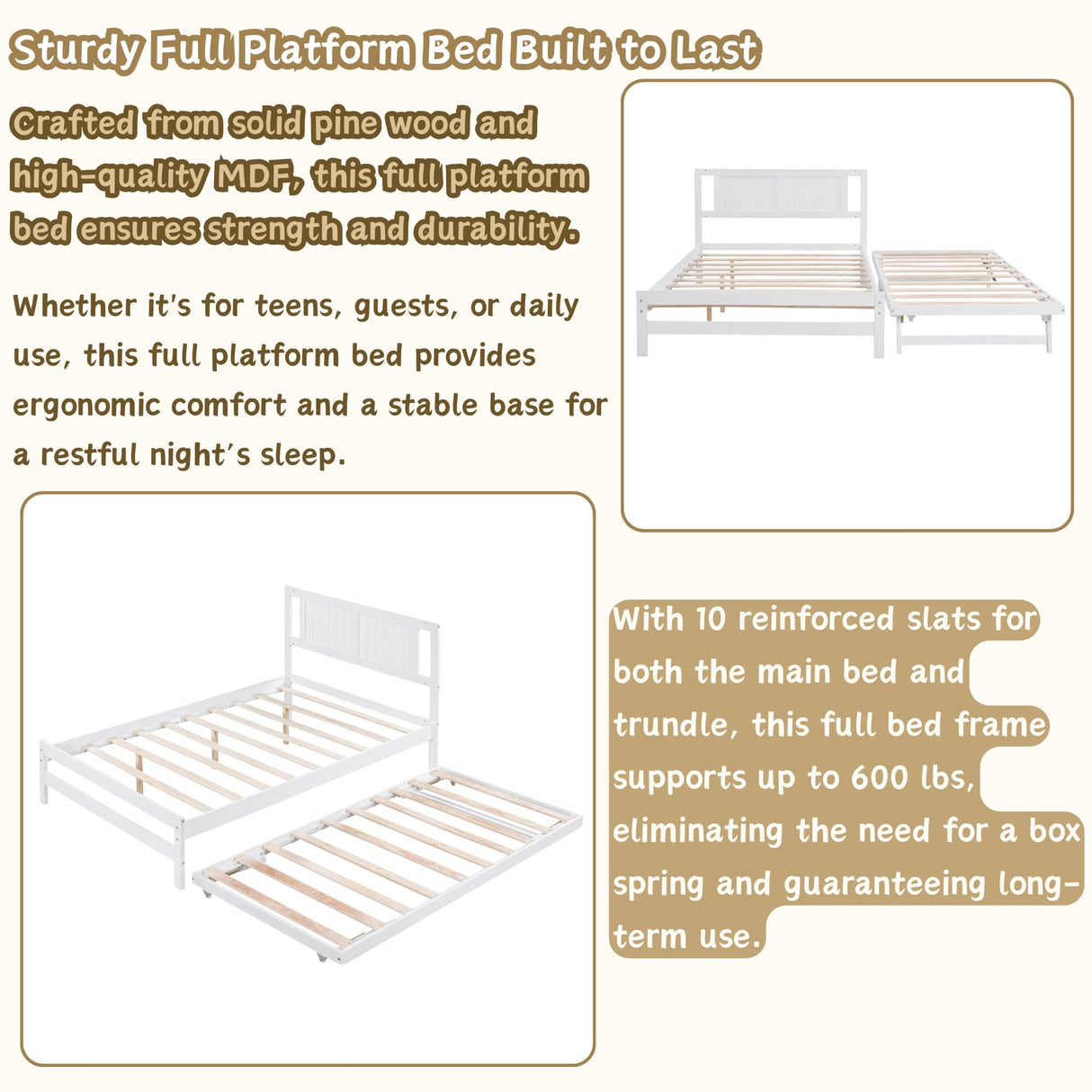 MERITLINE Full Size Bed Frame with Headboard,Wood Full Bed with Adjustable Trundle Bed, Extendable Bed Frame to 2 Beds for Kids Teens Adults (White) MERITLINE