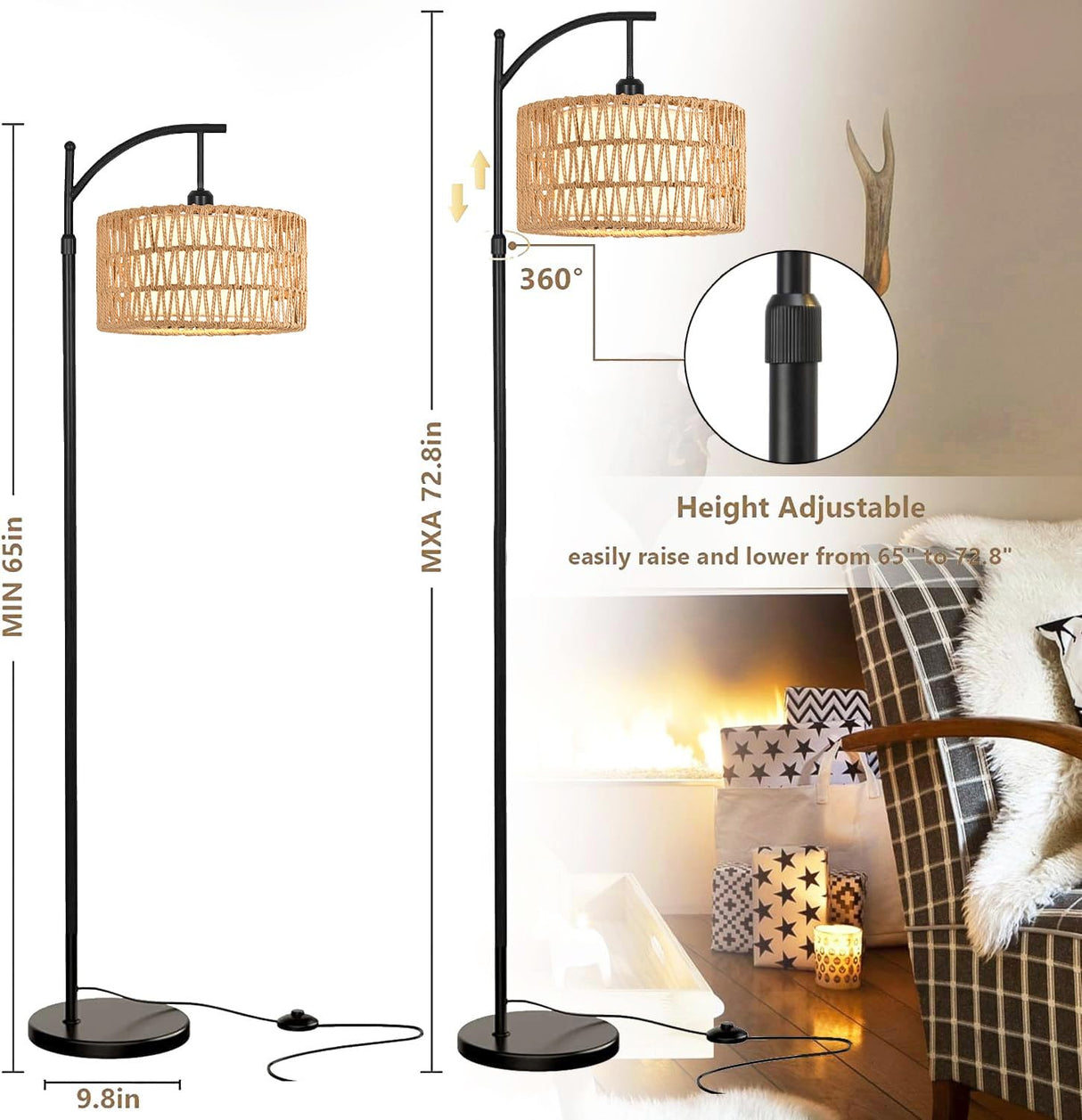 QIYIZM Floor Lamp for Living Room Bedroom with Remote Boho Rattan Arc Standing Lamp Dimmable Black Farmhouse Wicker Bamboo Lamp Shade Floor Light Adjustable Tall Lamp Industrial Floor Lamps Bohemian QIYIZM