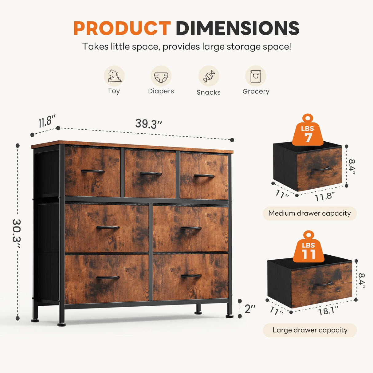 Sweetcrispy 7 Drawer Dresser with Fabric Bins Fabric Storage Tower Organizer for Bedroom Closet Hallway Entryway Tall Chest of Drawers with Steel Frame Wood Top Easy Pull Handles,Rustic Brown Sweetcrispy